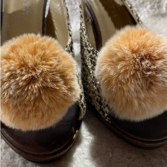 Via Condotti Women's Size 8.5 Slingback Heels Brown Tweed Peach Pompoms - Picture 11 of 12